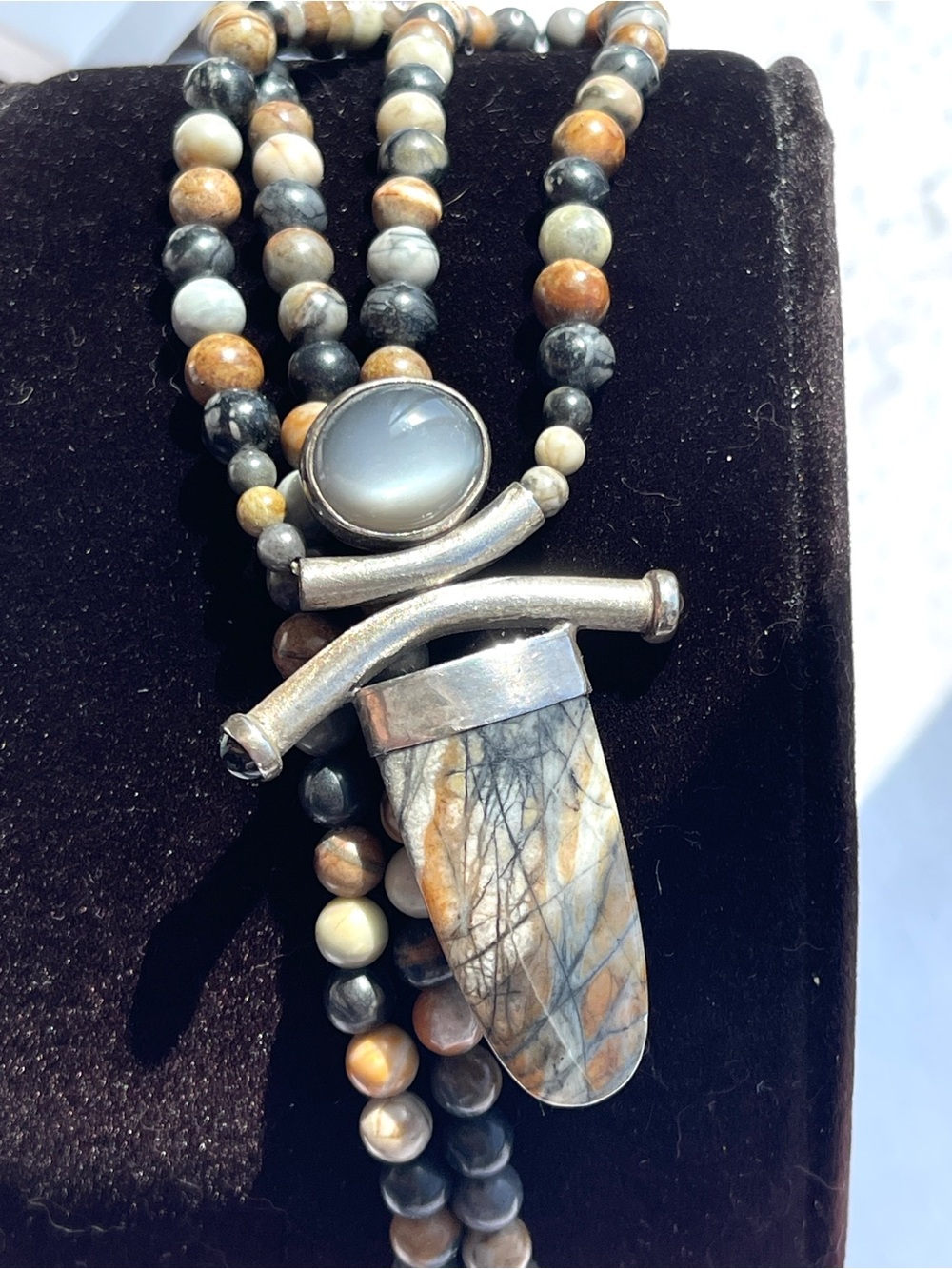 Vintage Navajo signed Kathleen Chavez Picasso Jasper Stone Necklace 925 Silver